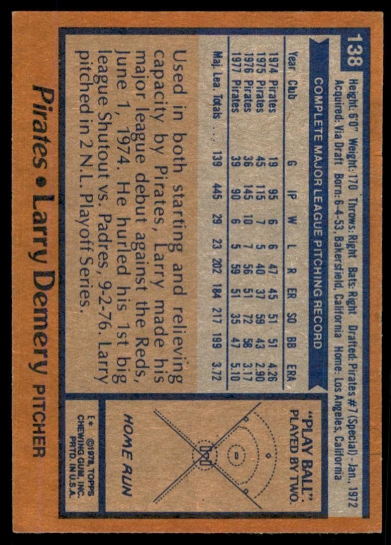 1978 TOPPS LARRY DEMERY PITTSBURGH PIRATES #138