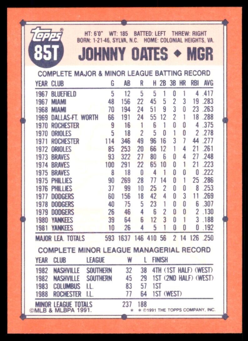 1991 TOPPS TRADED JOHNNY OATES BALTIMORE ORIOLES #85T