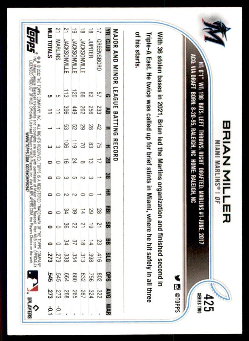 2022 TOPPS BRIAN MILLER MIAMI MARLINS #425