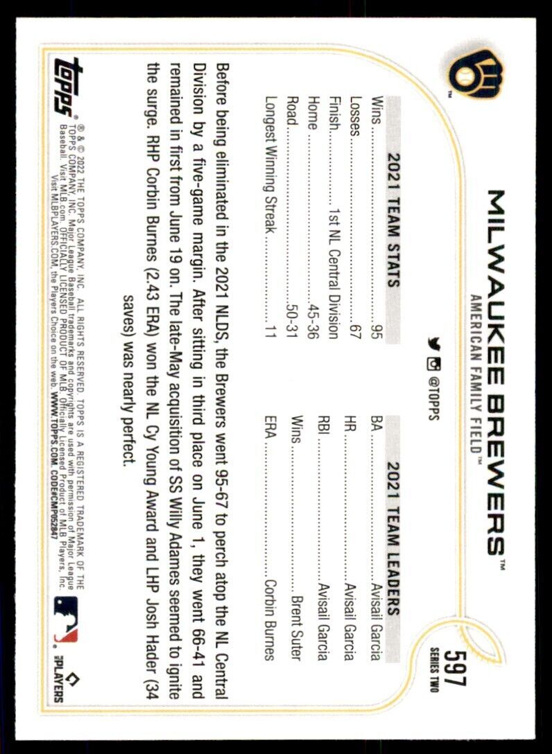 2022 TOPPS MILWAUKEE BREWERS MILWAUKEE BREWERS #597