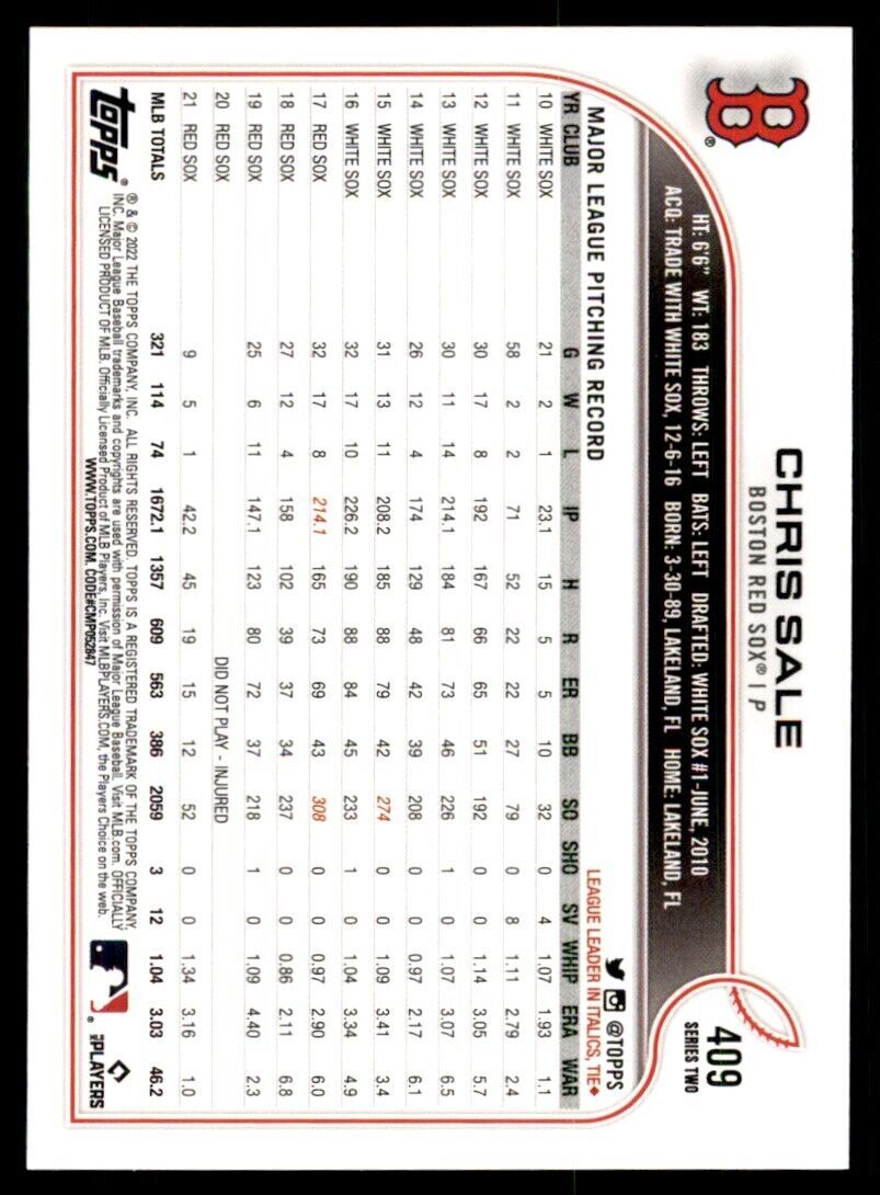 2022 TOPPS CHRIS SALE CHICAGO WHITE SOX #409