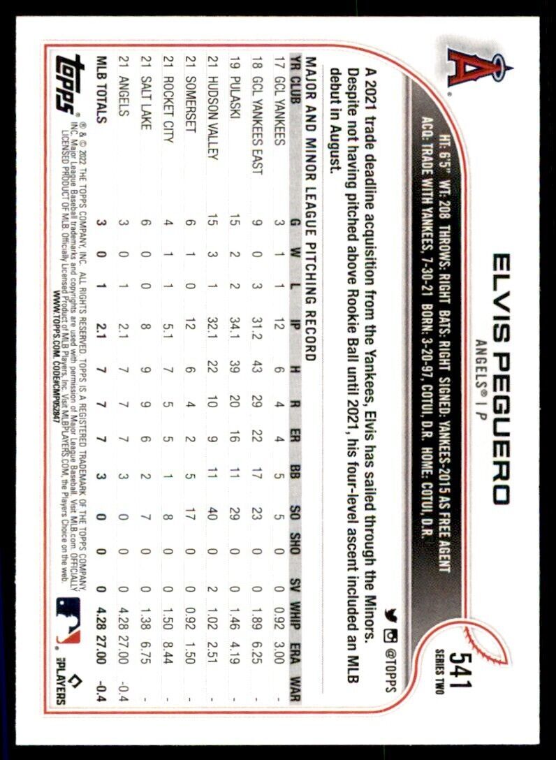 2022 TOPPS ELVIS PEGUERO. LOS ANGELES ANGELS #541