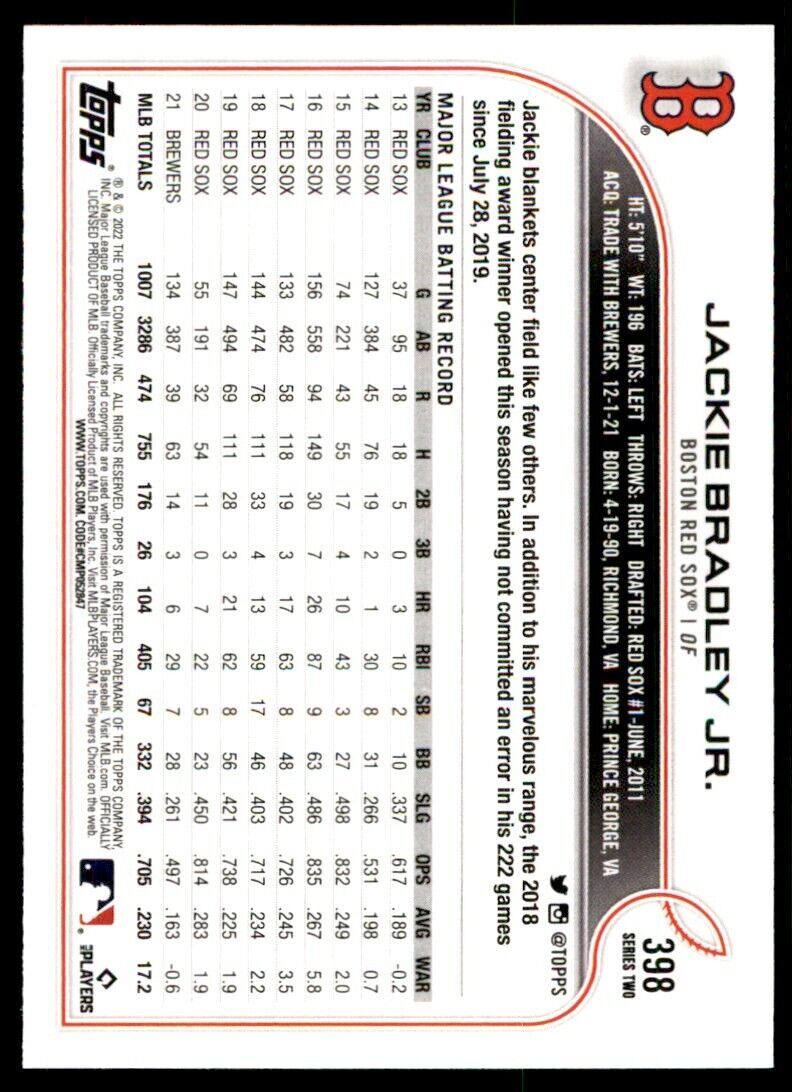 2022 TOPPS JACKIE BRADLEY JR. BOSTON RED SOX. #398