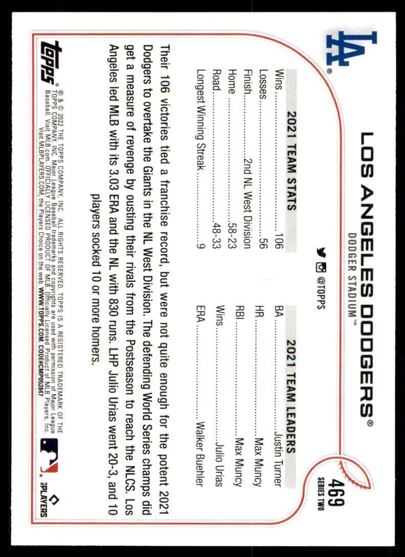 2022 TOPPS STATS/LEADERS. LOS ANGELES DODGERS #469