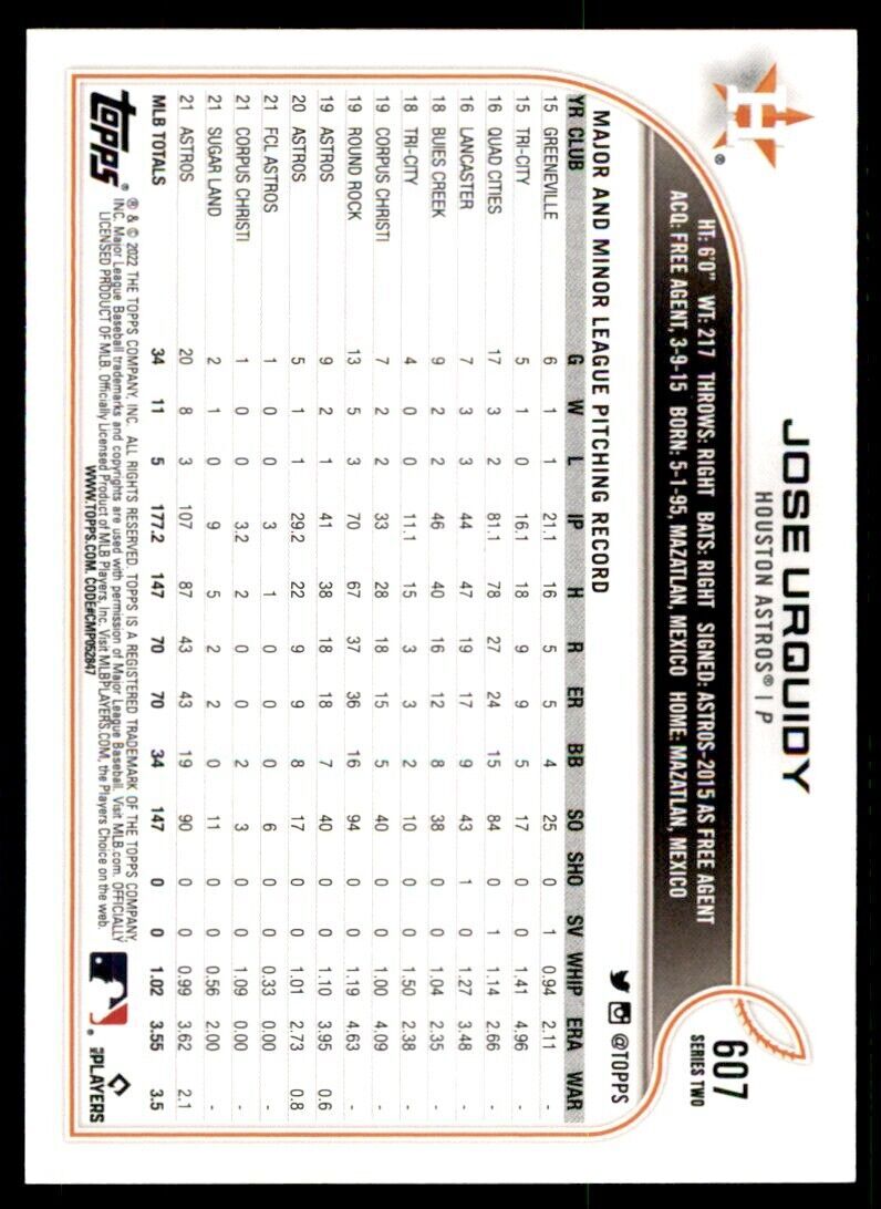 2022 Topps Jose Urquidy Houston Astros #607