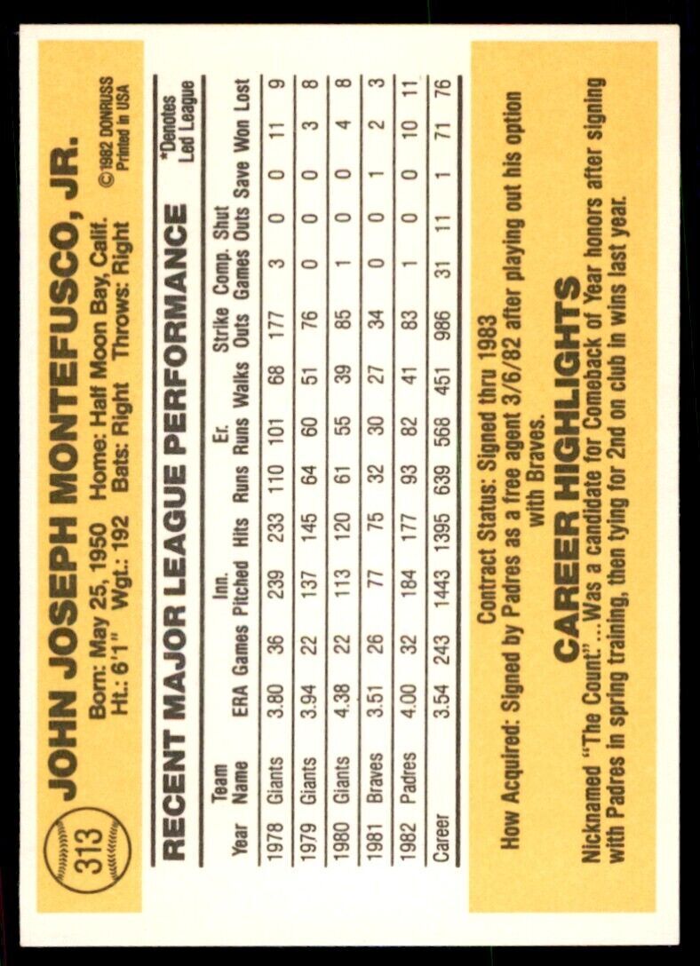 1983 DONRUSS JOHN MONTEFUSCO SAN DIEGO PADRES #313