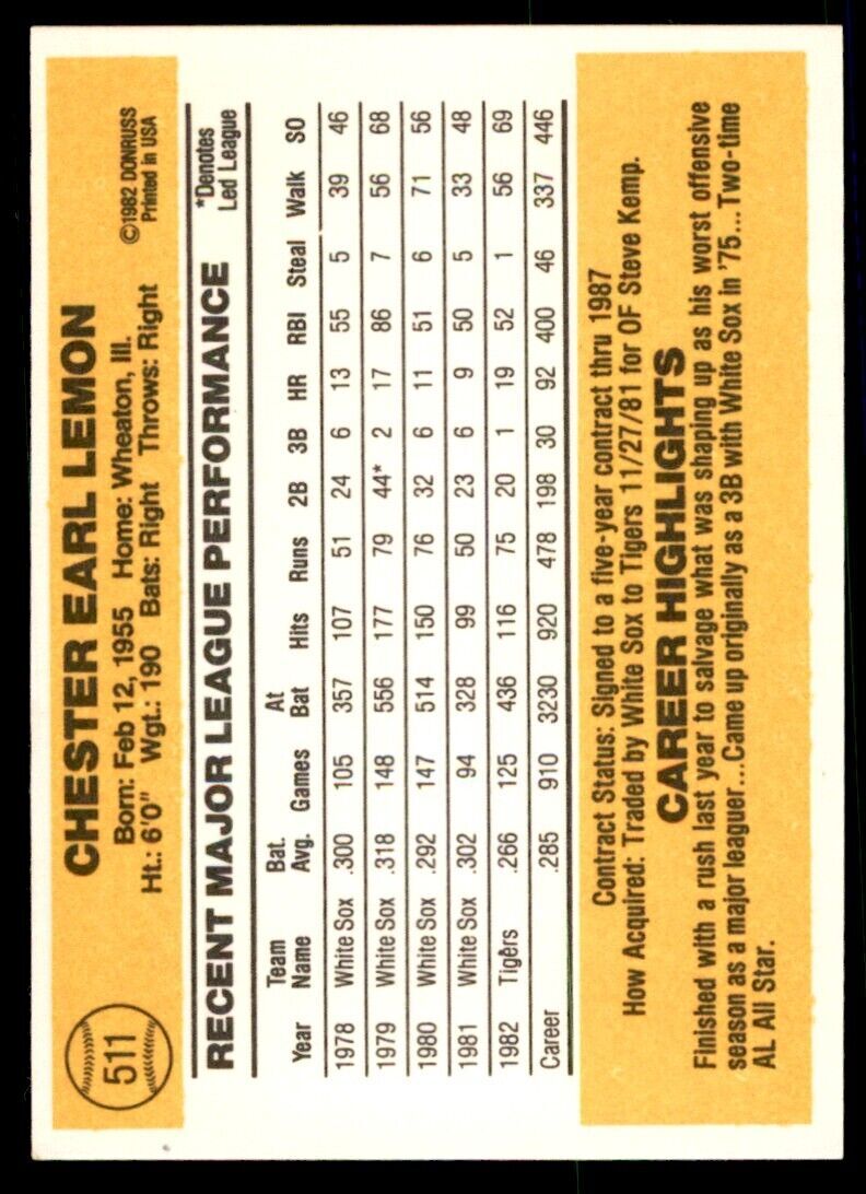1983 DONRUSS CHET LEMON DETROIT TIGERS #511