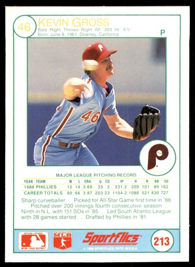 1989 SPORTFLICS. KEVIN GROSS PHILADELPHIA PHILLIES #213