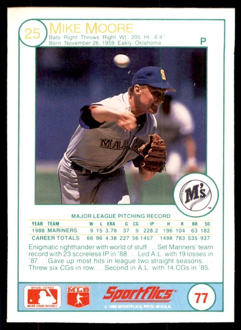 1989 SPORTFLICS. MIKE MOORE SEATTLE MARINERS #77