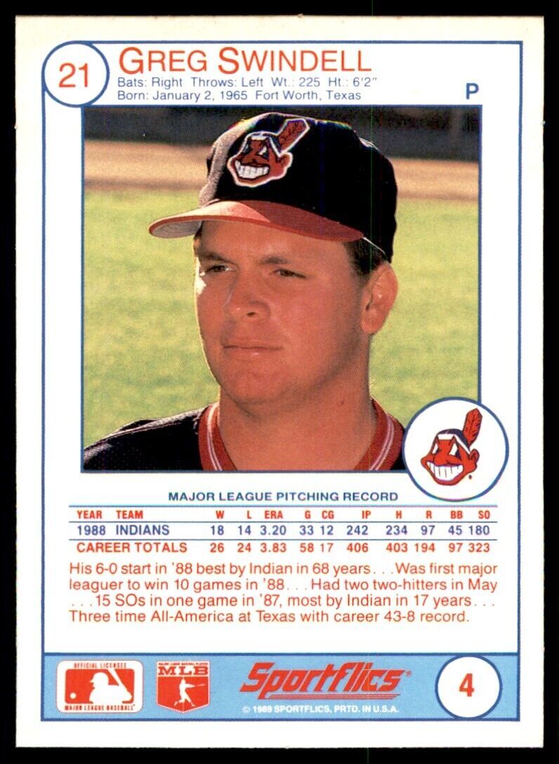 1989 SPORTFLICS GREG SWINDELL CLEVELAND INDIANS #4