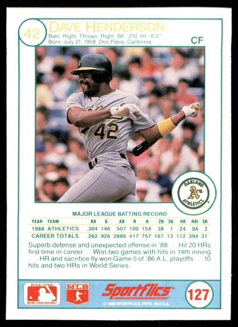 1989 SPORTFLICS DAVE HENDERSON OAKLAND ATHLETICS #127