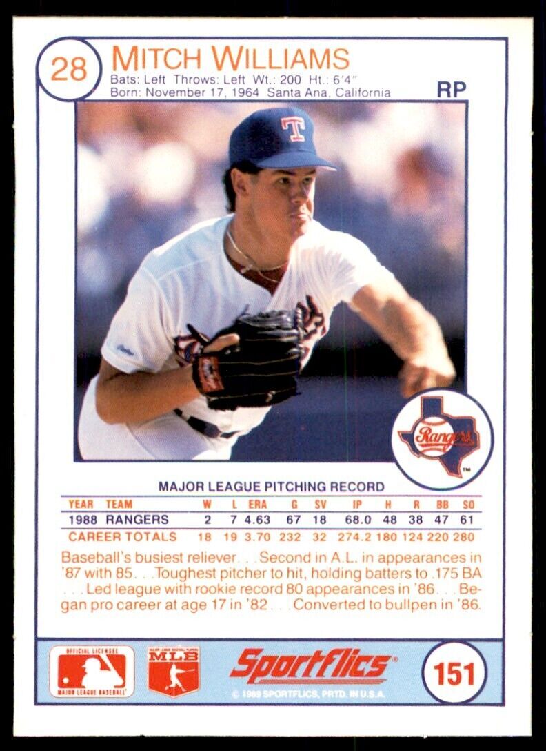 1989 SPORTFLICS MITCH WILLIAMS TEXAS RANGERS #151