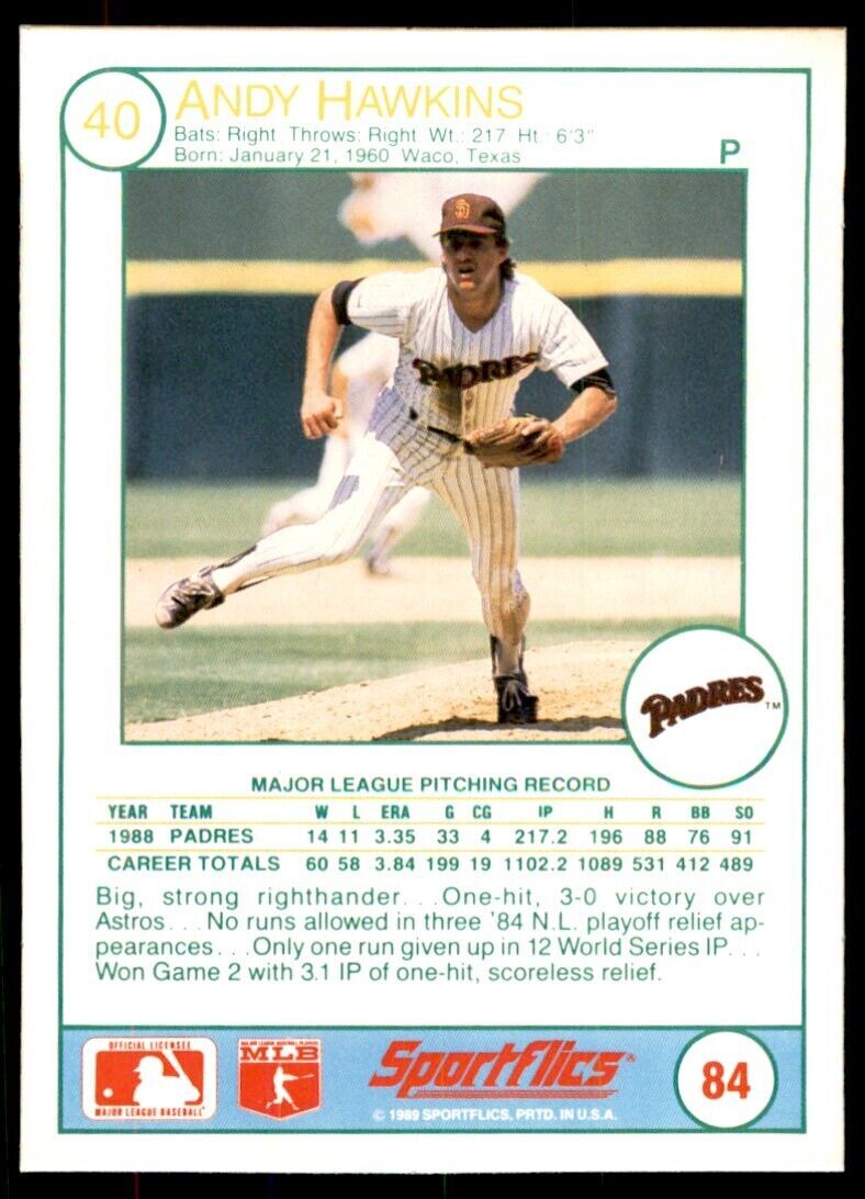 1989 SPORTFLICS ANDY HAWKINS SAN DIEGO PADRES #84