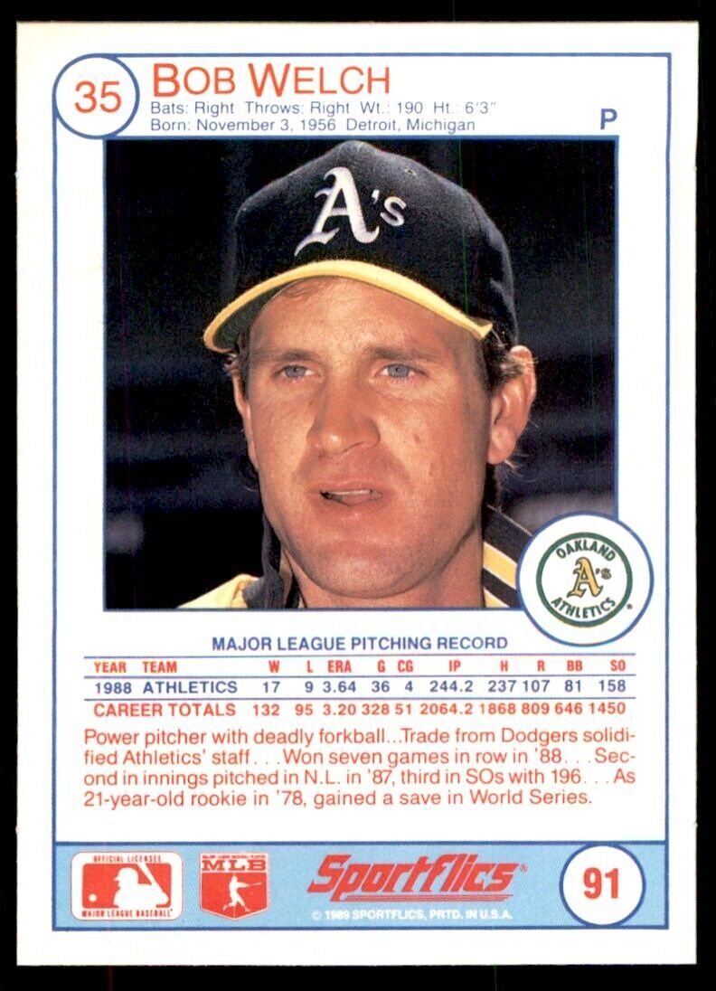1989 SPORTFLICS BOB WELCH. OAKLAND ATHLETICS #91