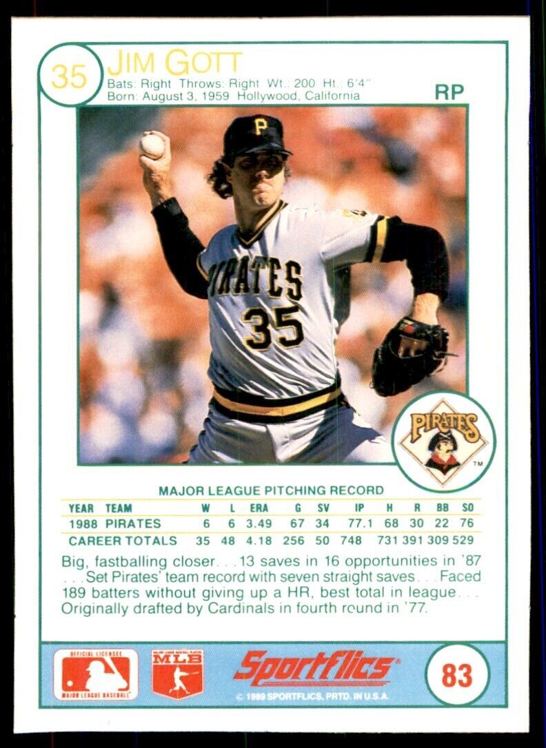 1989 SPORTFLICS.. JIM GOTT PITTSBURGH PIRATES #83