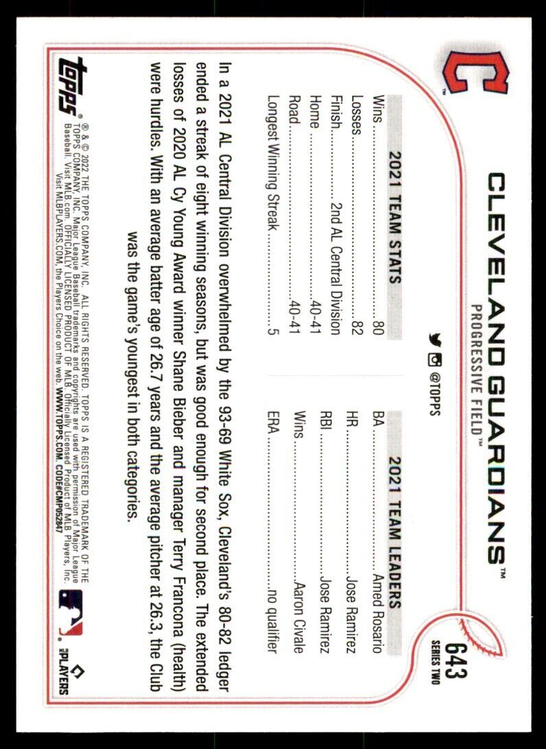 2022 TOPPS. CLEVELAND GUARDIANS CLEVELAND GUARDIANS #643