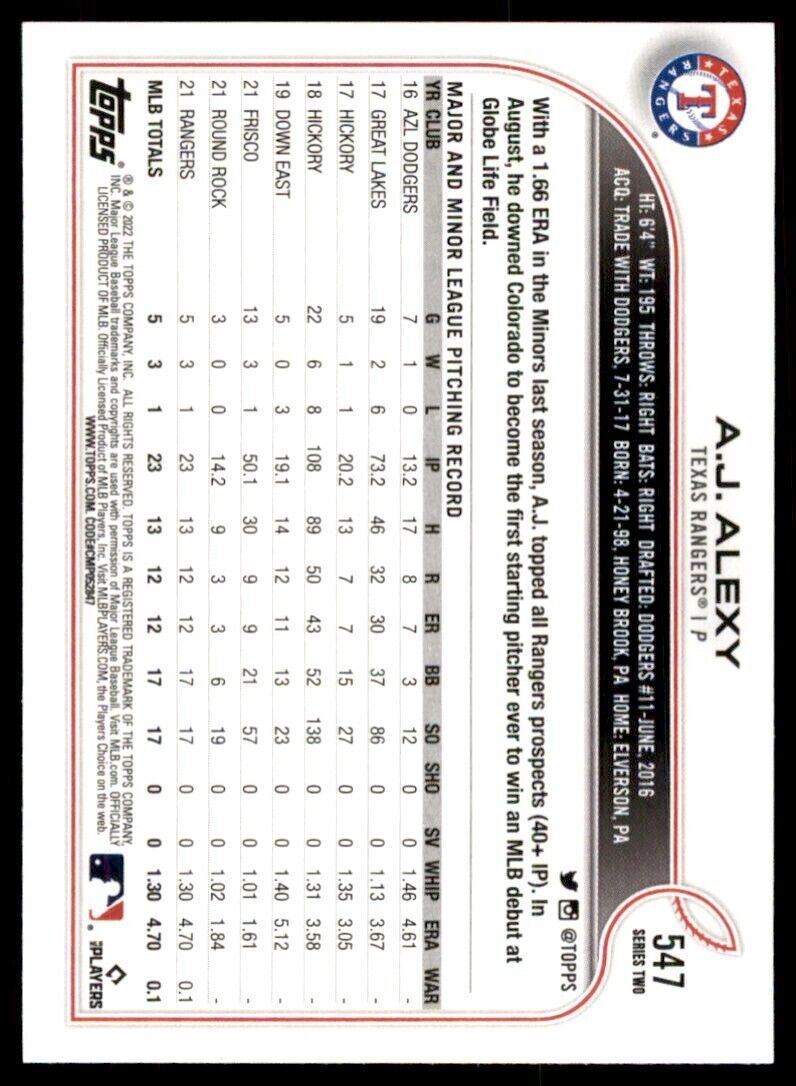2022 TOPPS A.J. ALEXY TEXAS RANGERS #547