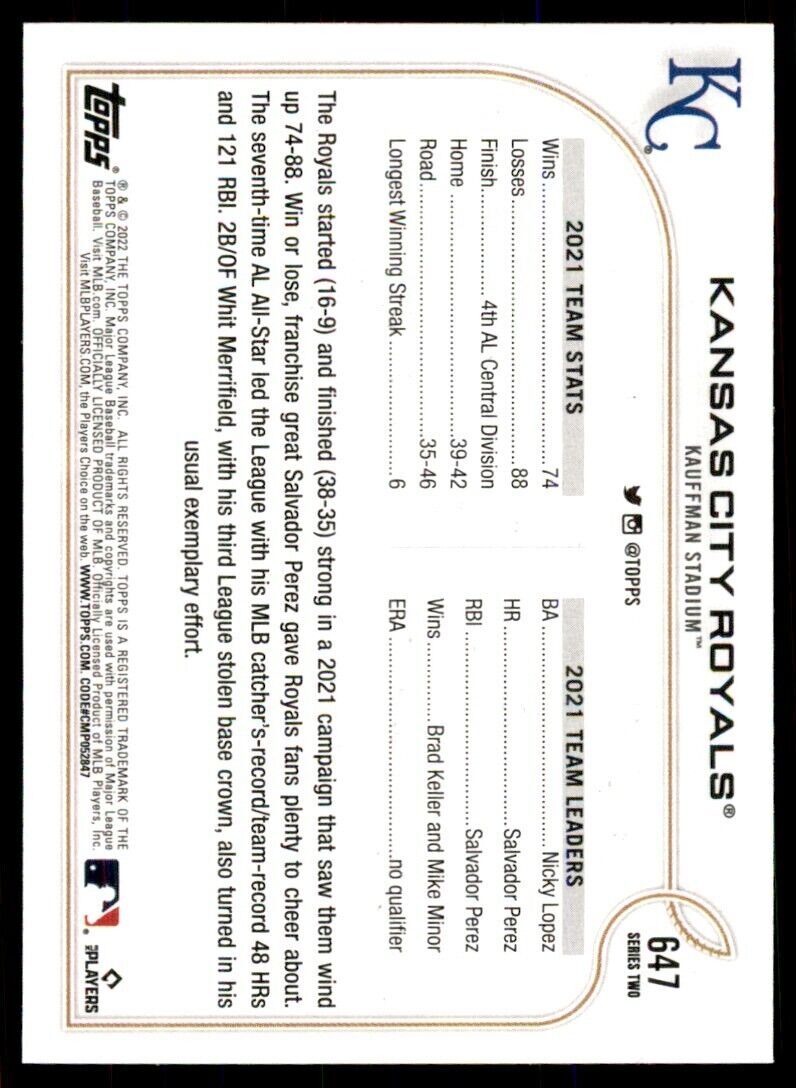 2022 TOPPS.. KANSAS CITY ROYALS KANSAS CITY ROYALS #647