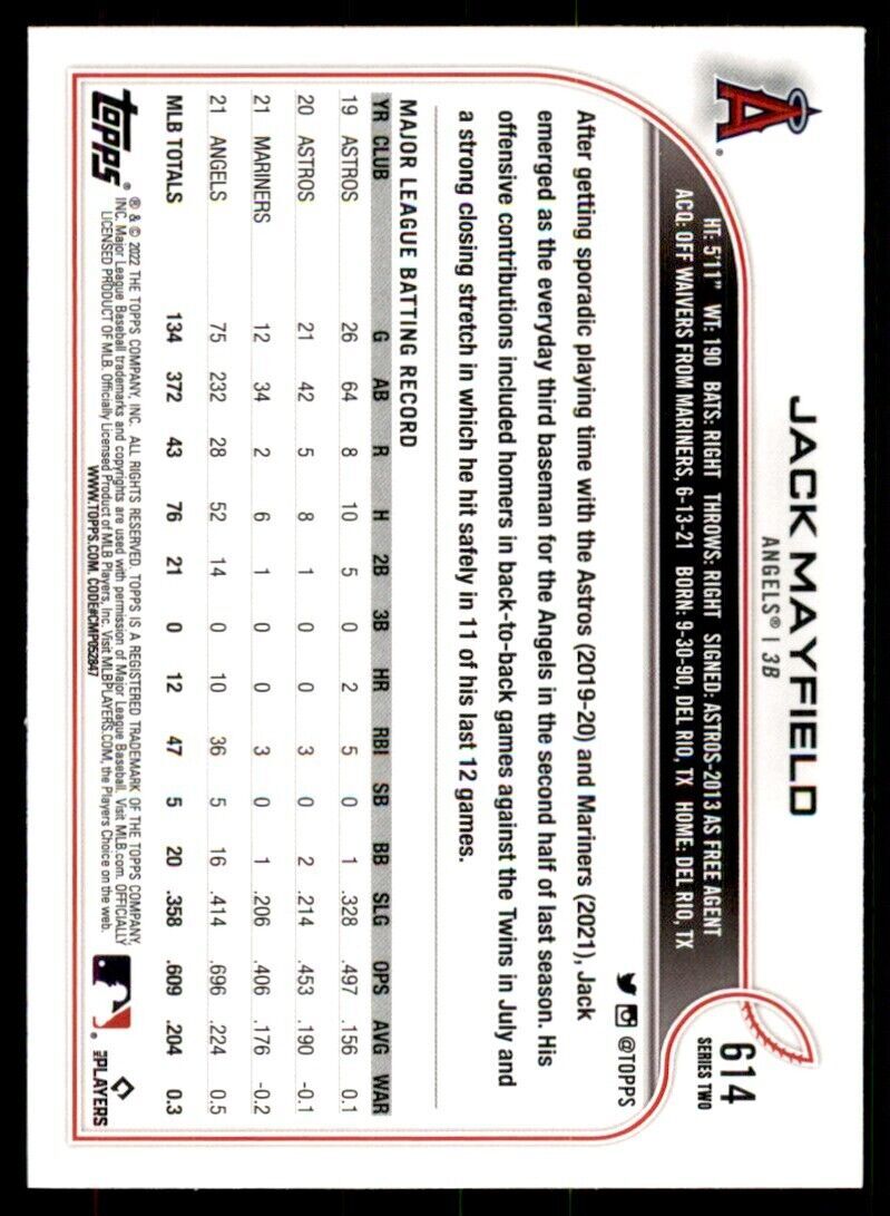 2022 TOPPS, JACK MAYFIELD LOS ANGELES ANGELS #614