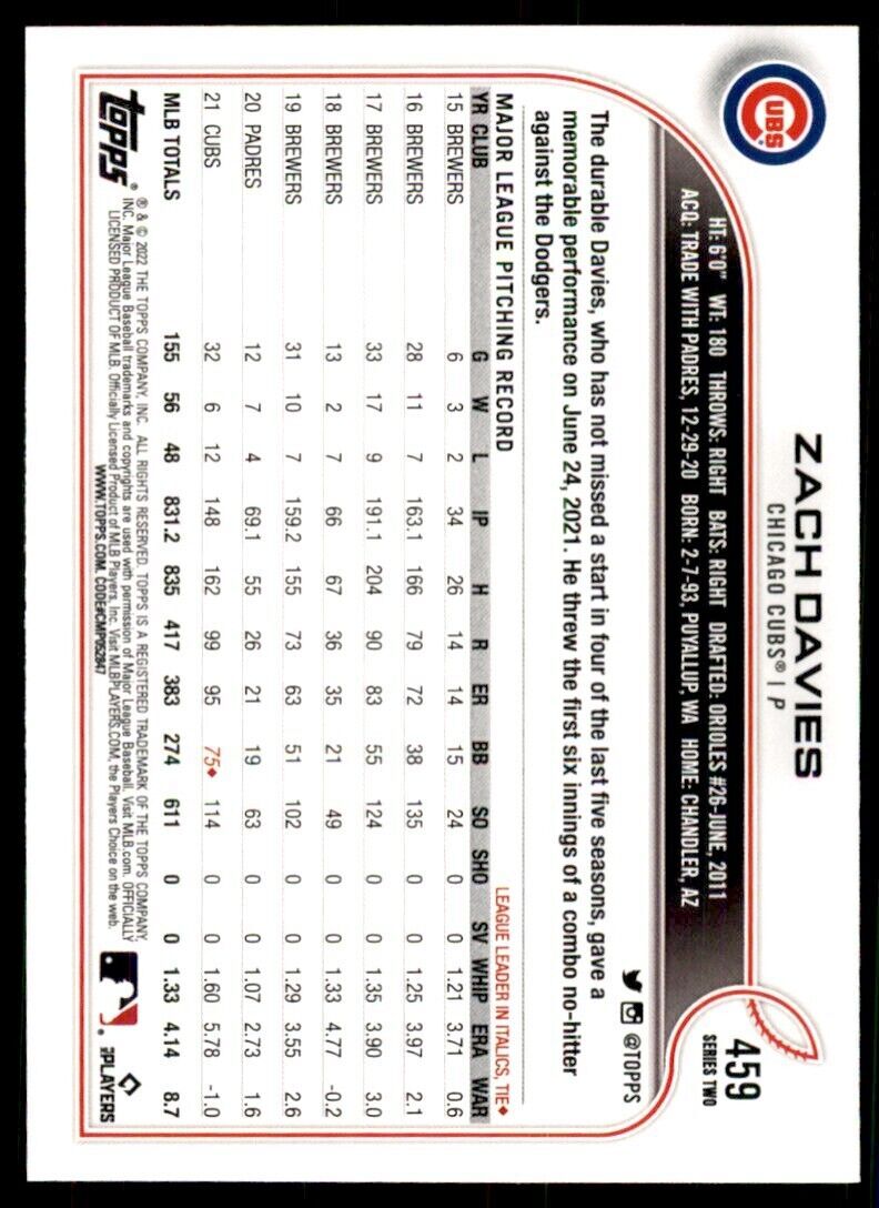 2022 TOPPS, ZACH DAVIES CHICAGO CUBS #459