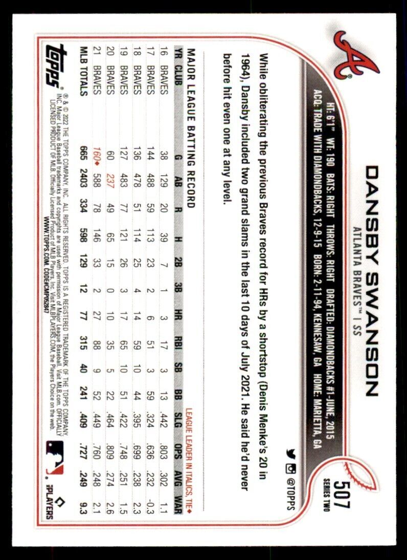 2022 TOPPS, DANSBY SWANSON ATLANTA BRAVES #507