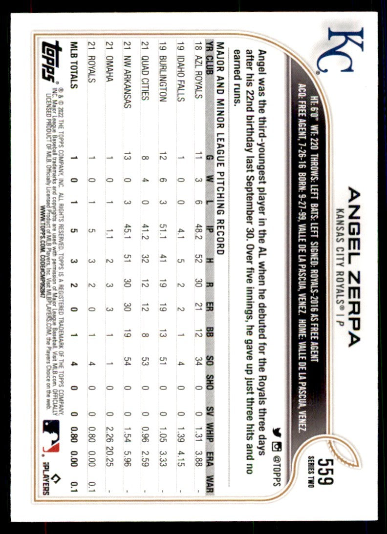 2022 TOPPS* ANGEL ZERPA KANSAS CITY ROYALS #559