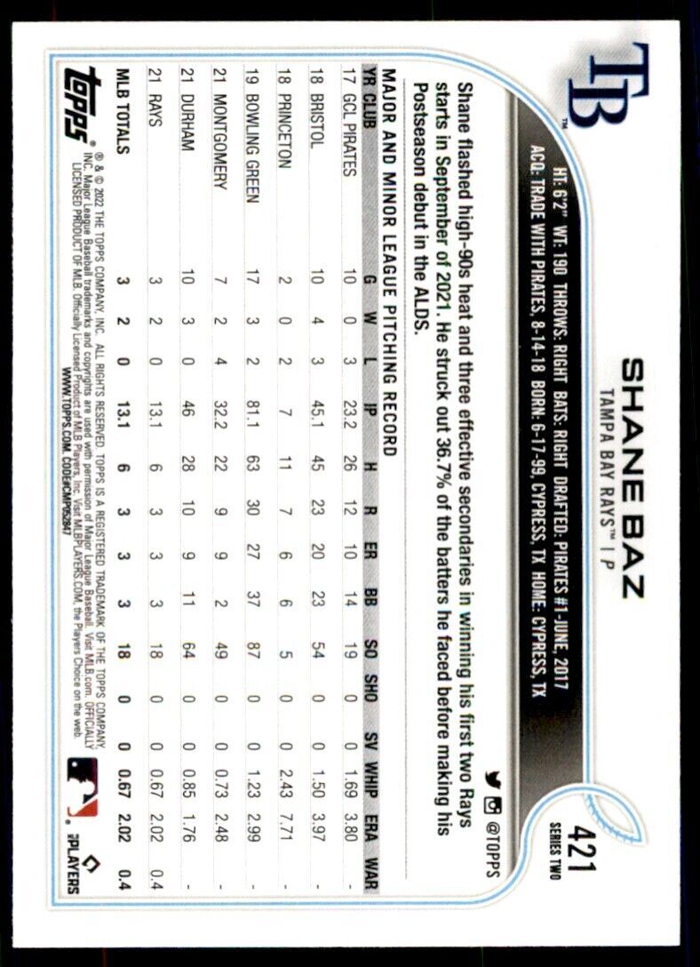 2022 TOPPS* SHANE BAZ TAMPA BAY RAYS #421