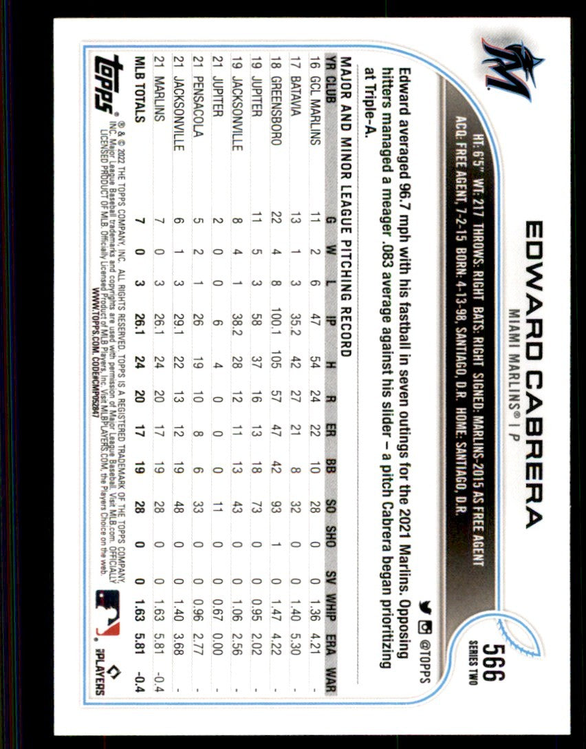 2022 TOPPS* EDWARD CABRERA MIAMI MARLINS #566