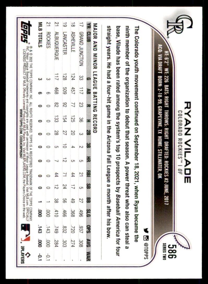 2022 TOPPS* RYAN VILADE COLORADO ROCKIES #586