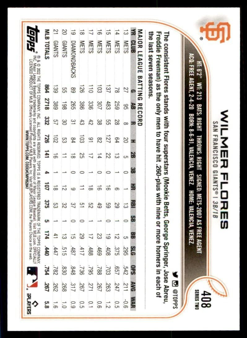 2022 TOPPS*. WILMER FLORES SAN FRANCISCO GIANTS #408