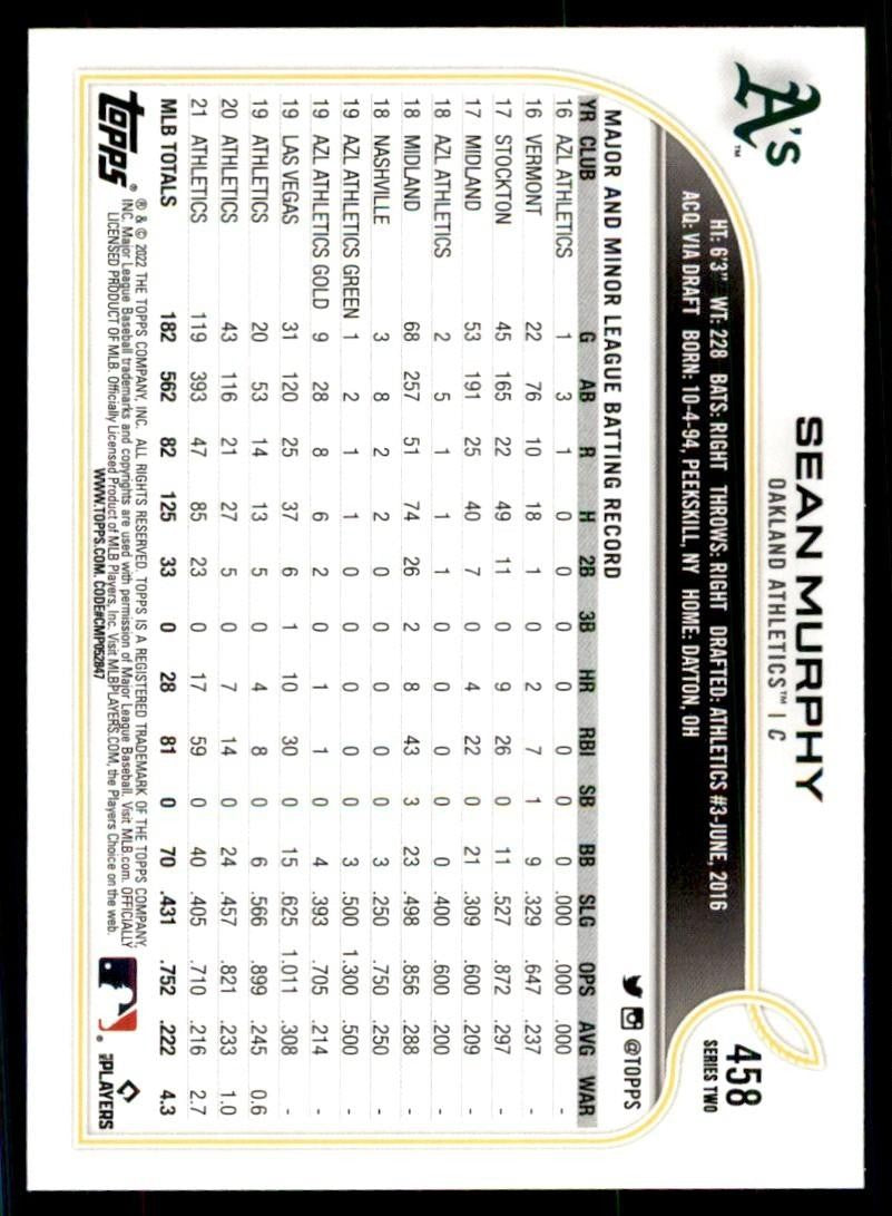 2022 TOPPS*. SEAN MURPHY OAKLAND ATHLETICS #458