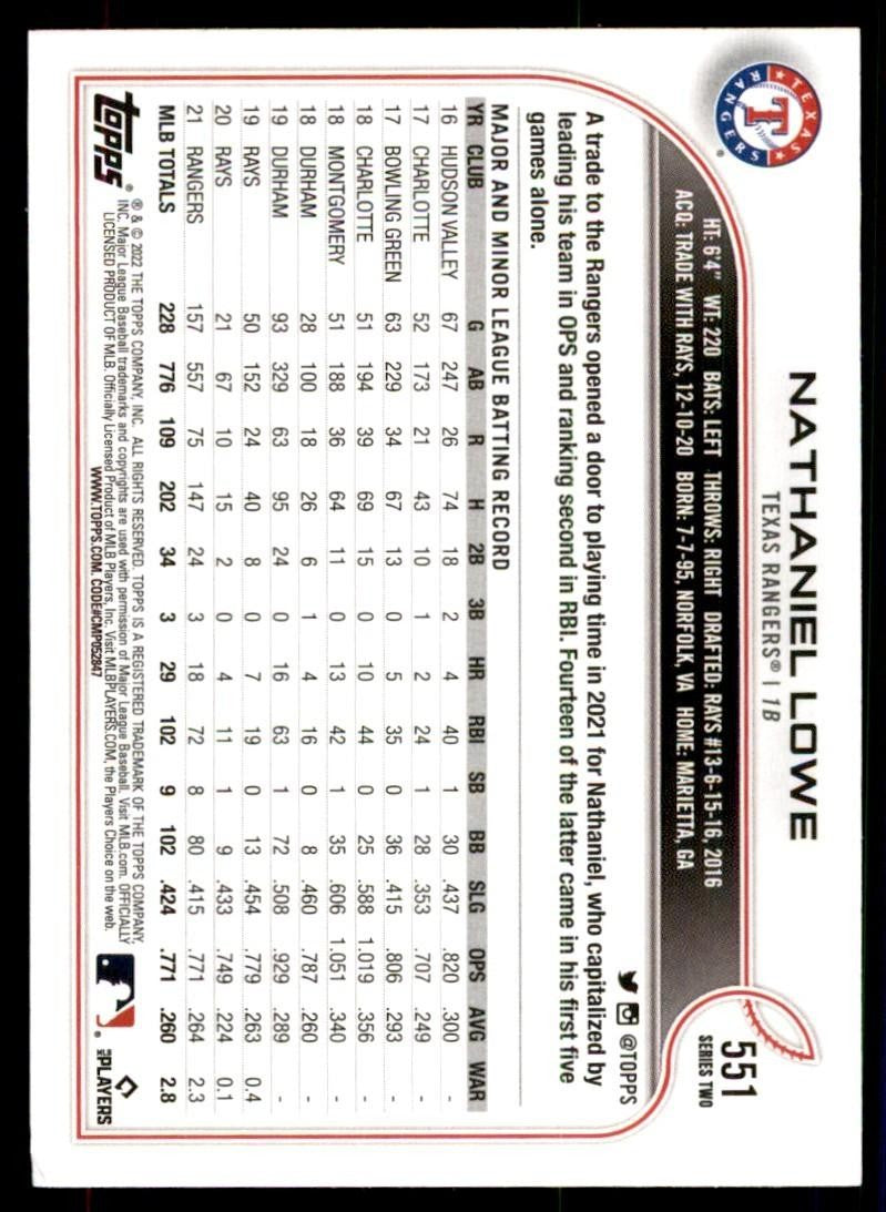2022 TOPPS*. NATHANIEL LOWE TEXAS RANGERS #551