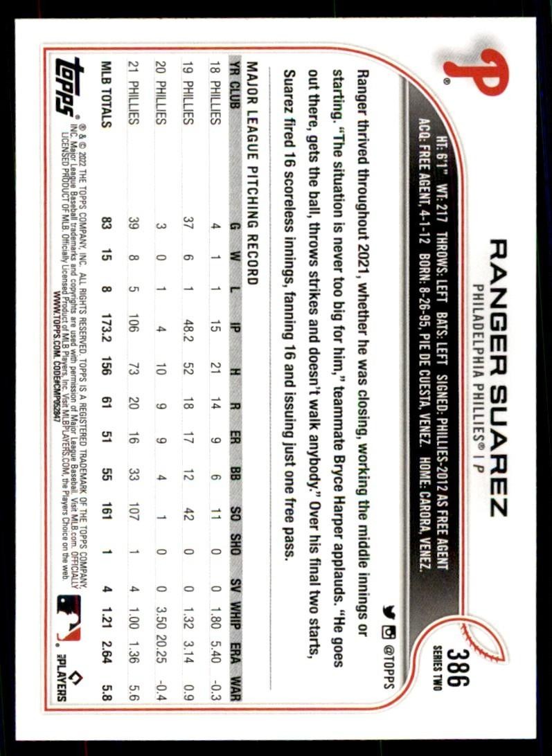2022 TOPPS*. RANGER SUAREZ PHILADELPHIA PHILLIES #386