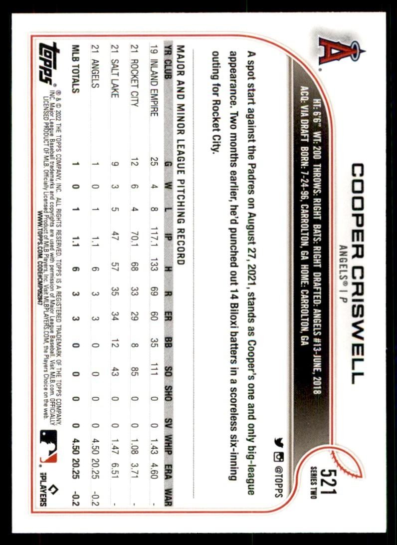 2022 TOPPS*. COOPER CRISWELL LOS ANGELES ANGELS #521