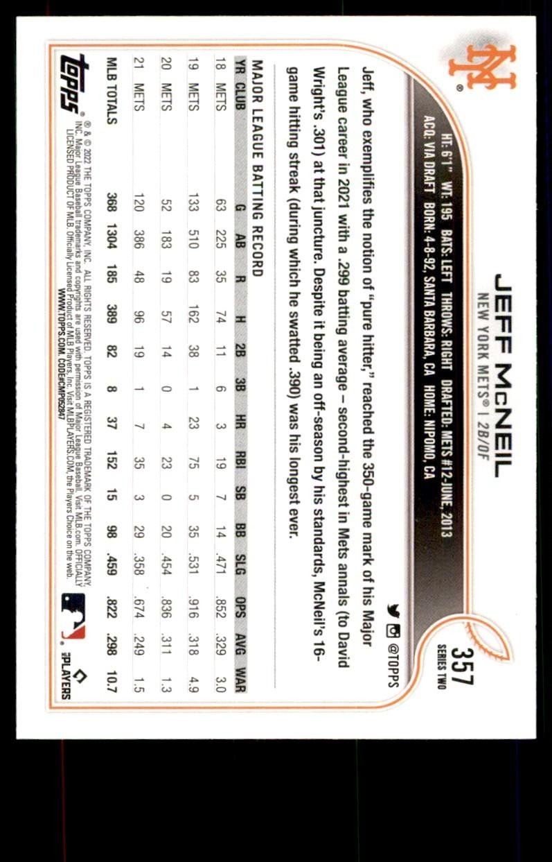 2022 TOPPS*. JEFF MCNEIL NEW YORK METS #357