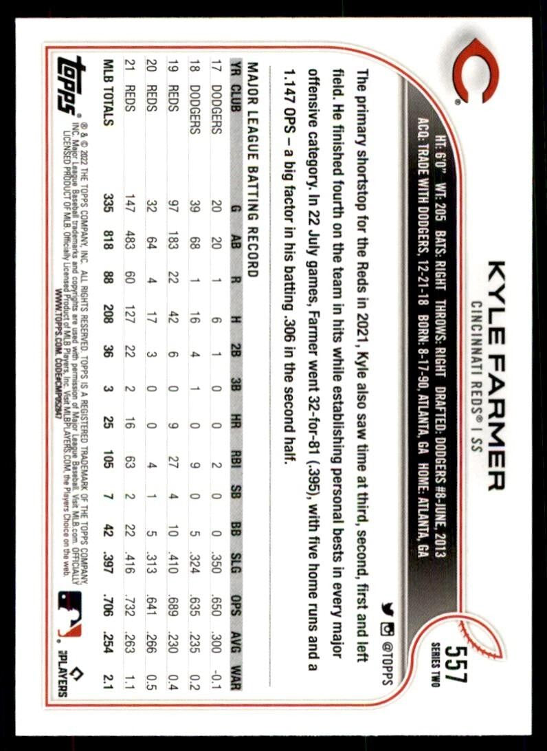 2022 TOPPS** KYLE FARMER CINCINNATI REDS #557