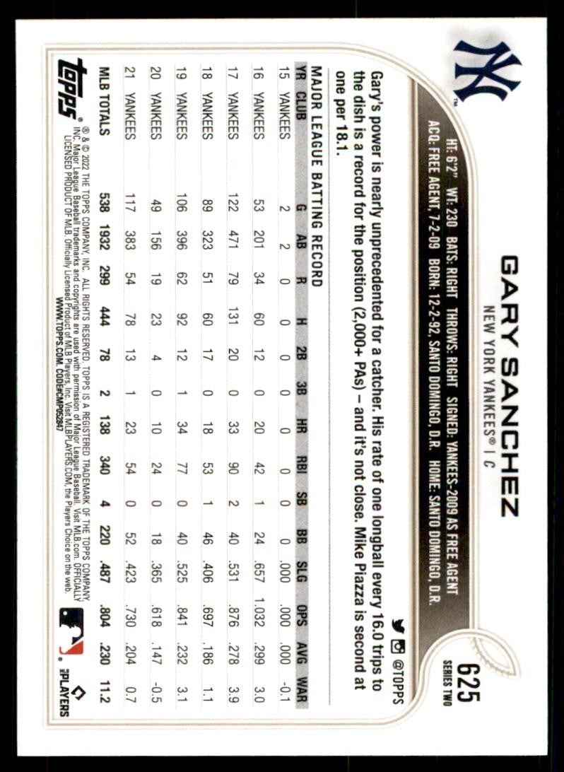 2022 TOPPS** GARY SANCHEZ NEW YORK YANKEES #625