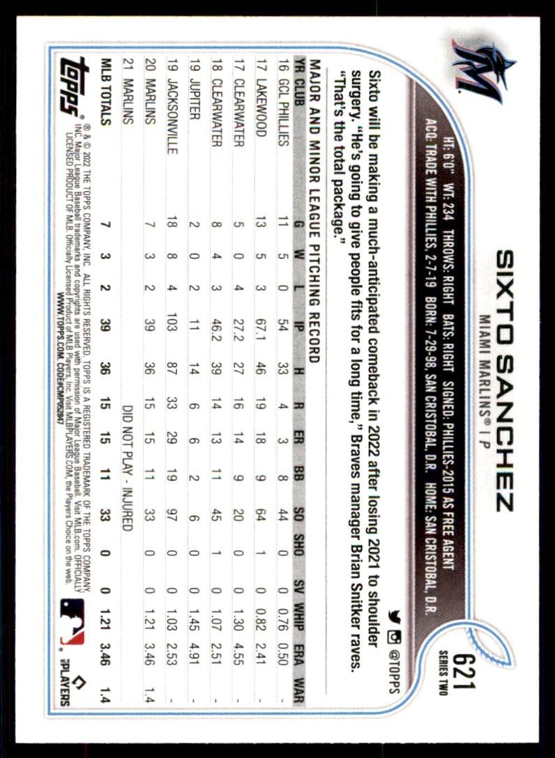 2022 TOPPS** SIXTO SANCHEZ MIAMI MARLINS #621