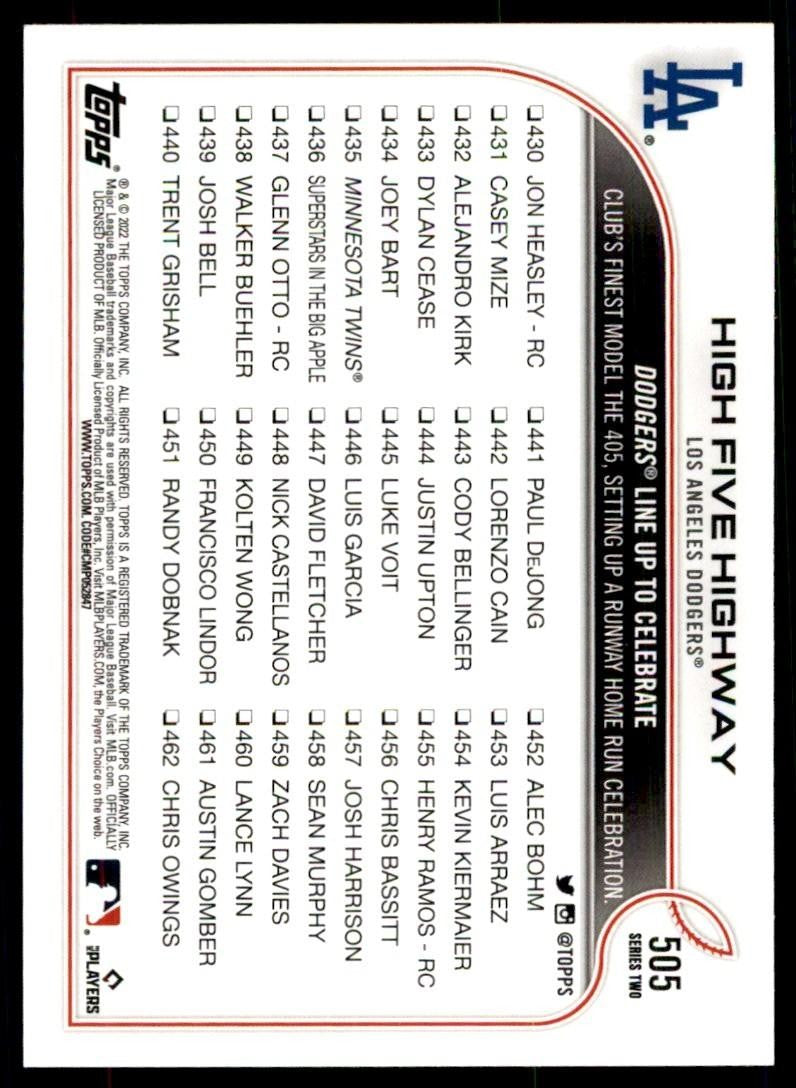2022 TOPPS** HIGH FIVE HIGHWAY LOS ANGELES DODGERS #505