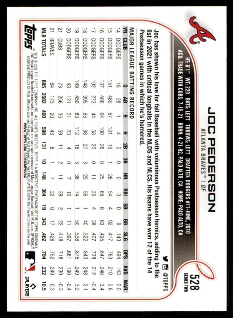 2022 TOPPS* JOC PEDERSON ATLANTA BRAVES #528