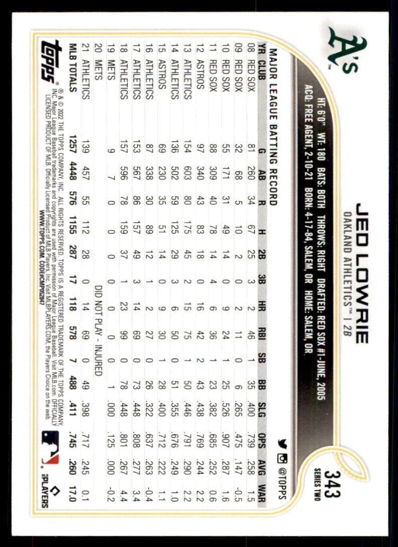 2022 TOPPS, JED LOWRIE OAKLAND ATHLETICS #343