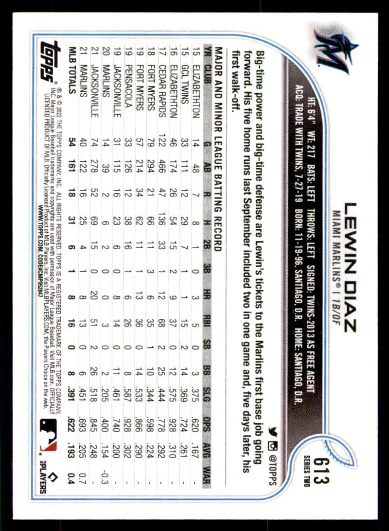 2022 TOPPS, LEWIN DIAZ MIAMI MARLINS #613