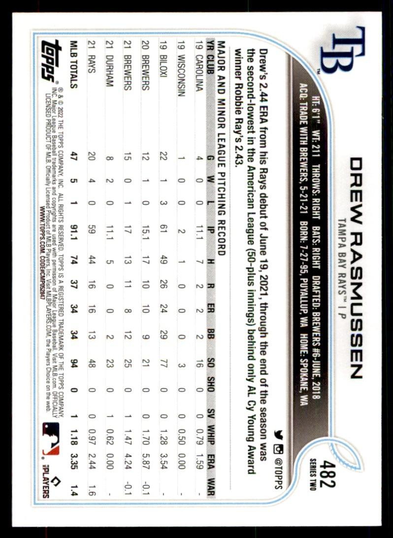 2022 TOPPS, DREW RASMUSSEN TAMPA BAY RAYS #482