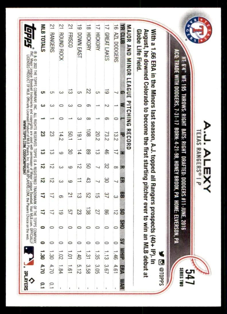 2022 TOPPS, A.J. ALEXY TEXAS RANGERS. #547