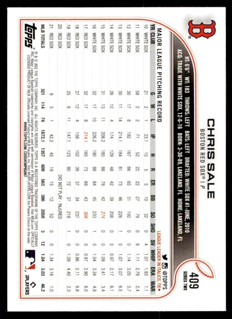 2022 TOPPS, CHRIS SALE BOSTON RED SOX #409