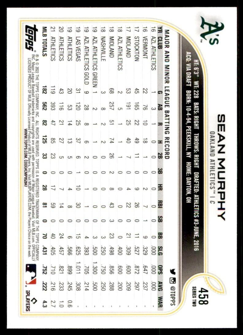 2022 TOPPS, SEAN MURPHY. OAKLAND ATHLETICS #458