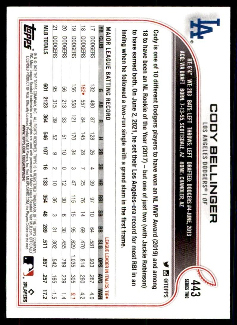 2022 TOPPS, CODY BELLINGER LOS ANGELES DODGERS #443