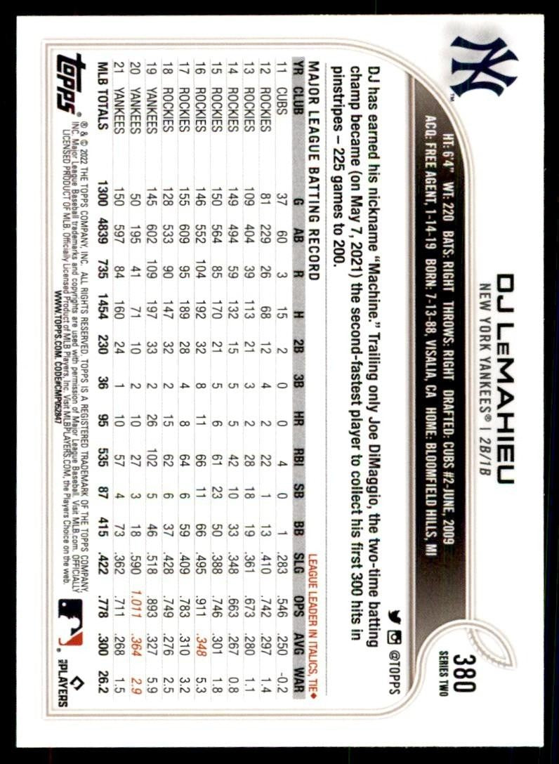 2022 TOPPS, DJ LEMAHIEU. NEW YORK YANKEES #380