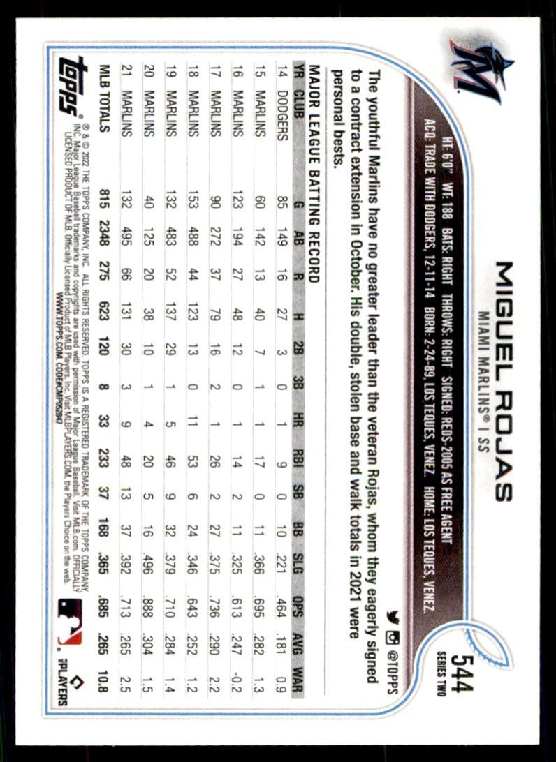 2022 TOPPS' MIGUEL ROJAS MIAMI MARLINS #544
