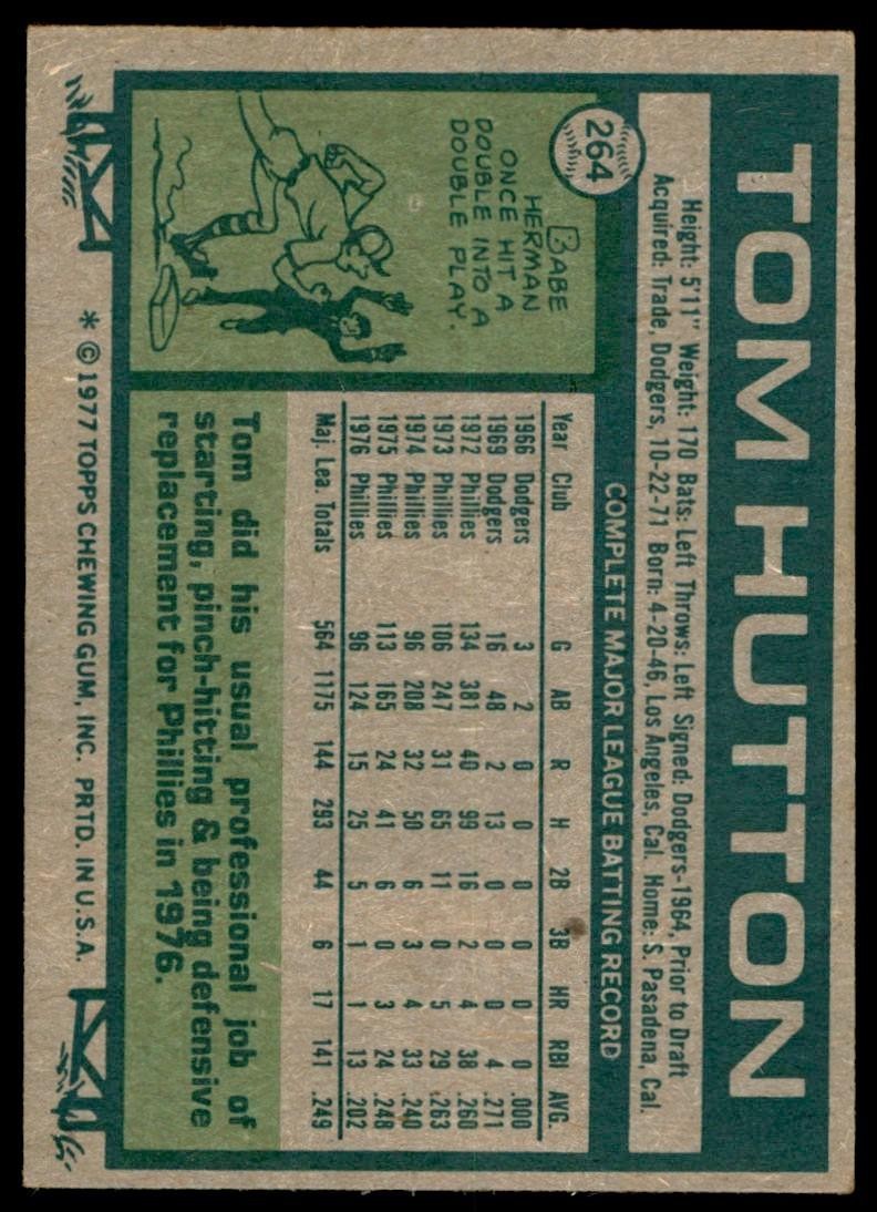 1977 TOPPS TOM HUTTON PHILADELPHIA PHILLIES #264